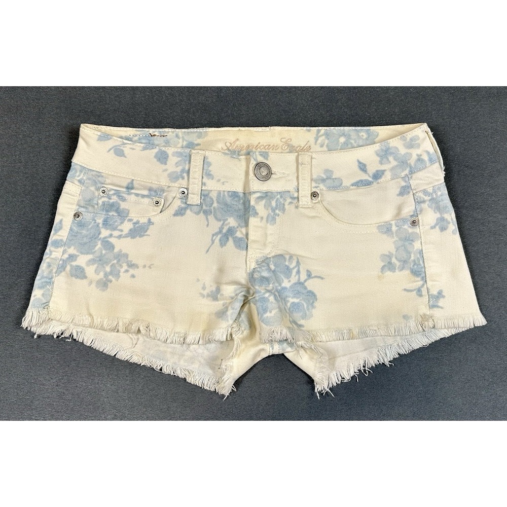 American Eagle Stretch Shorts Womens 0 White Blue Floral Denim Raw Hem Y2K
